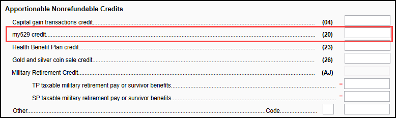 Image of "my529 credit" field on UT screen 2.